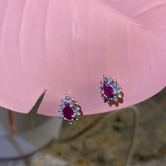 14k Pear Diamond Ruby Earrings - Picture 2 of 3